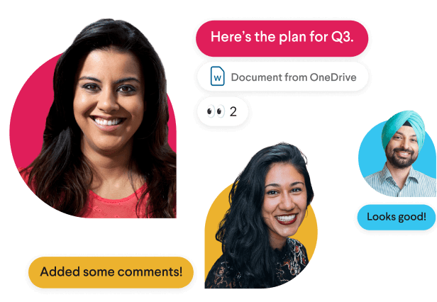 Two teammates talking while surrounded by stylised Slack messages and a hand mimicking the thumbs-up emoji