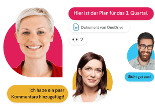 Zwei Teammitglieder unterhalten sich, umgeben von stilisierten Slack-Nachrichten und einer Hand, die das Daumen-hoch-Emoji darstellt.