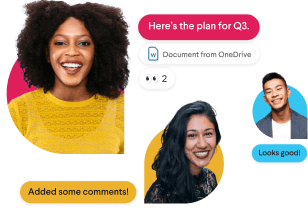 Two teammates talking while surrounded by stylised Slack messages and a hand mimicking the thumbs-up emoji