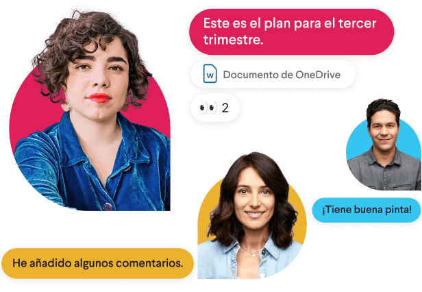Dos compañeros de trabajo hablando rodeados de mensajes de Slack y una mano imitando el emoji del pulgar hacia arriba