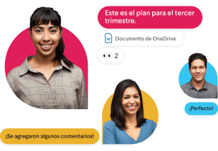 Dos compañeros de equipo rodeados de mensajes de Slack estilizados y una mano imitando el emoji de pulgar hacia arriba