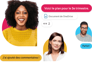 Deux collaborateurs qui discutent, entourés de messages Slack stylisés et d’une main recréant l’émoji pouce levé
