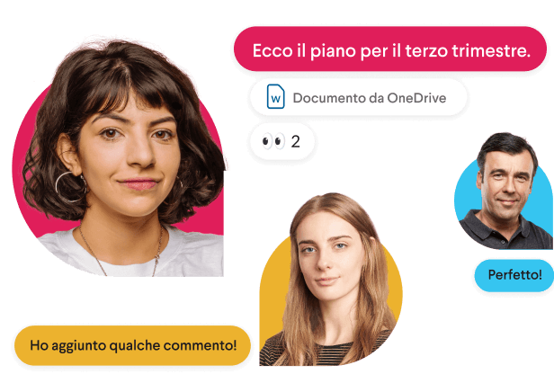 Due colleghi che parlano circondati da messaggi Slack stilizzati e una mano che riproduce l’emoji pollice in su