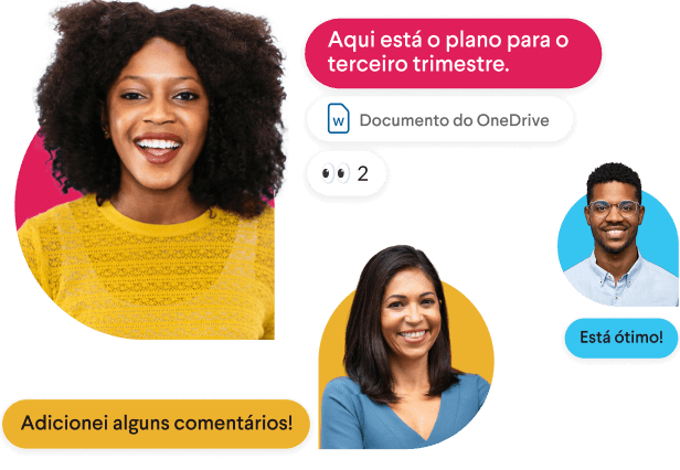 Dois colegas de equipe conversam e estão rodeados por mensagens estilizadas do Slack e uma mão que imita o emoji de polegar para cima
