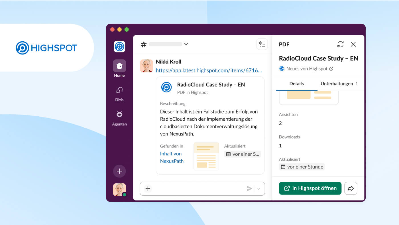 Abbildung der Slack-Benutzeroberfläche mit der Integration der Highspot-Arbeitsobjekte