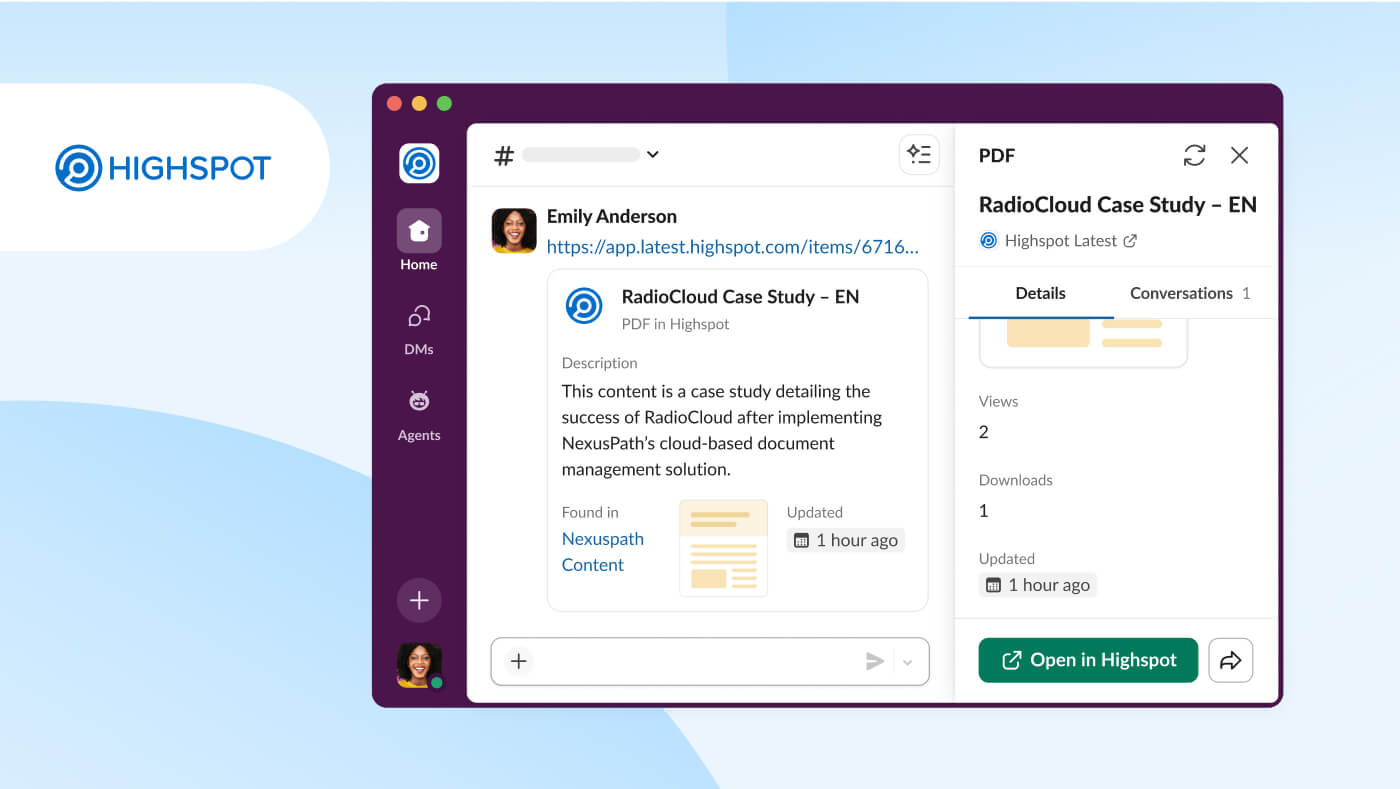 Image of the Slack user interface showing the Highspot work objects integration