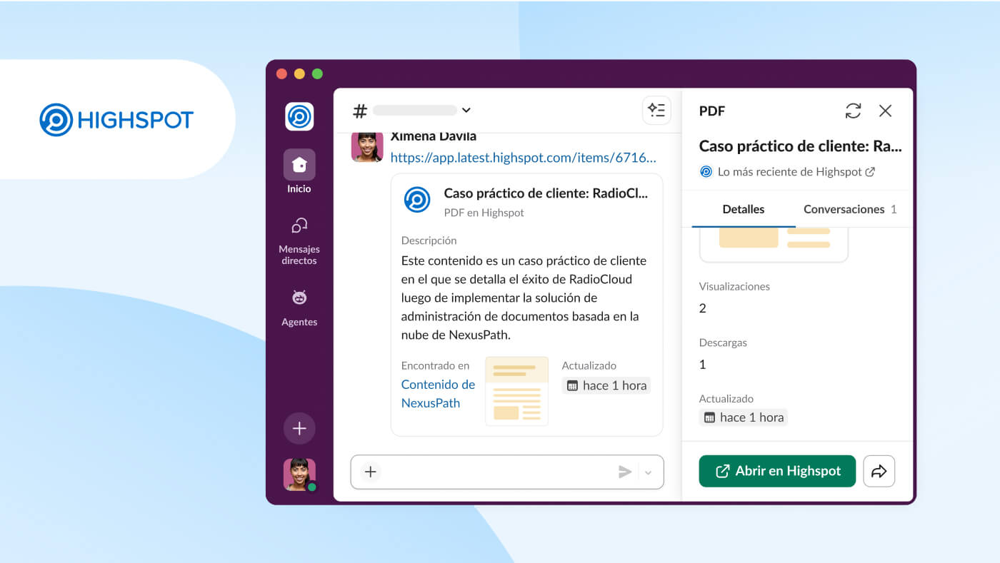 Imagen de la UI de Slack en la que se muestra la integración de objetos de trabajo con Highspot