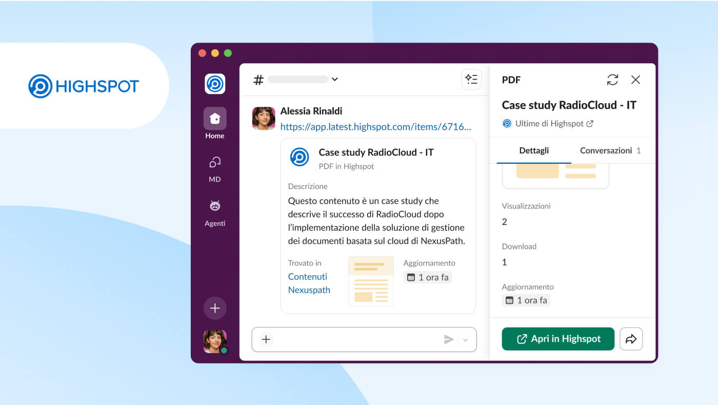 Immagine dell'interfaccia utente di Slack che mostra l'integrazione Highspot degli oggetti di lavoro