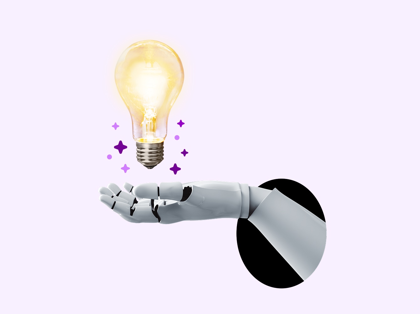 Levitating lightbulb over a robot hand coming out of a black circle with AI sparkles over a lavender background