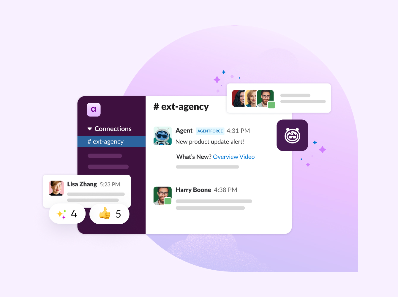 Slack interface showing the #ext-agency channel with messages, reactions, and a new product update notification from Agentforce in Slack.