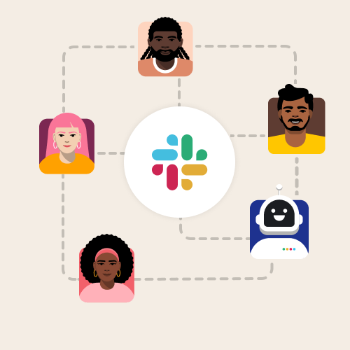 Logo Slack avec des lignes de flux de travail connectant les collaborateurs