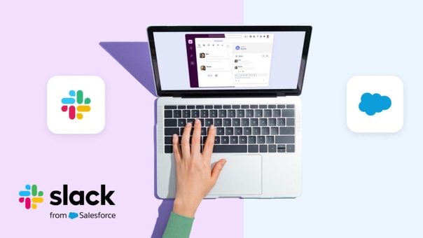 Salesforce and slack logo with laptop