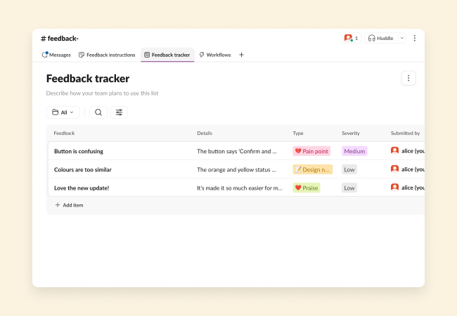 Feedback tracker list with a list