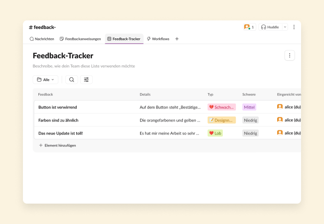 Feedback-Tracker-Liste mit einer Liste
