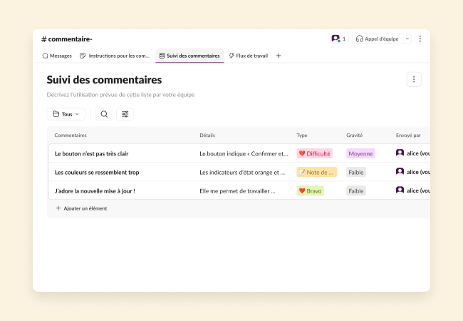 Liste de suivi des commentaires avec une liste