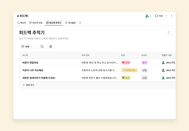 리스트가 제공되는 피드백 추적기 목록