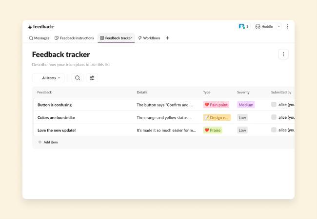 Feedback tracker list with a list