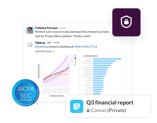 A channel and canvas are covered with locks to show how customer data is protected in Slack.
