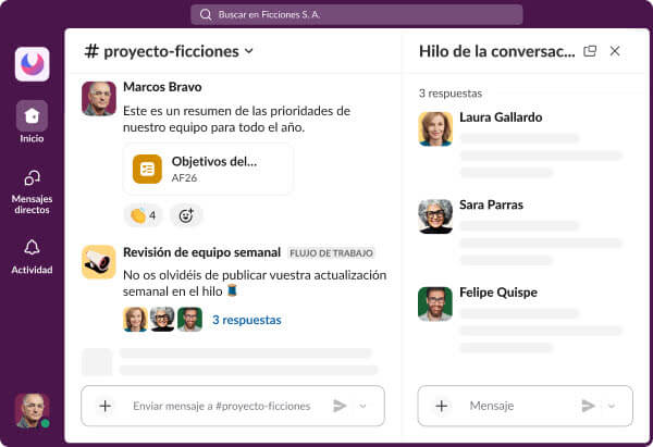Un ejemplo simplificado del aspecto que tienen los canales en Slack.