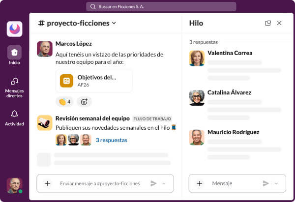 Ejemplo sencillo de cómo se ven los canales en Slack.
