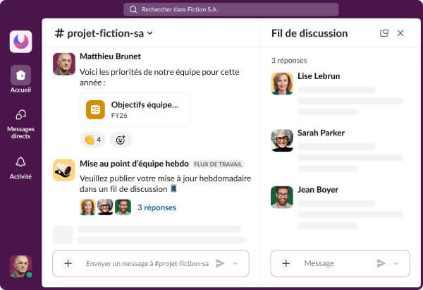 Un exemple simplifié montrant l’apparence des canaux dans Slack.