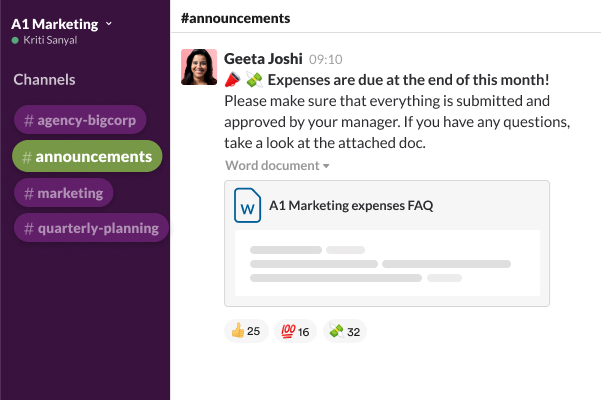 A Slack channel surrounded by people’s profile photos and messages such as ‘Working from home!’ and ‘Commuting; be there soon’