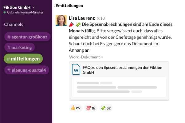 Ein Slack-Channel, umgeben von Profilfotos und Nachrichten wie „Arbeite im Home-Office“ und „Unterwegs, bin gleich da“
