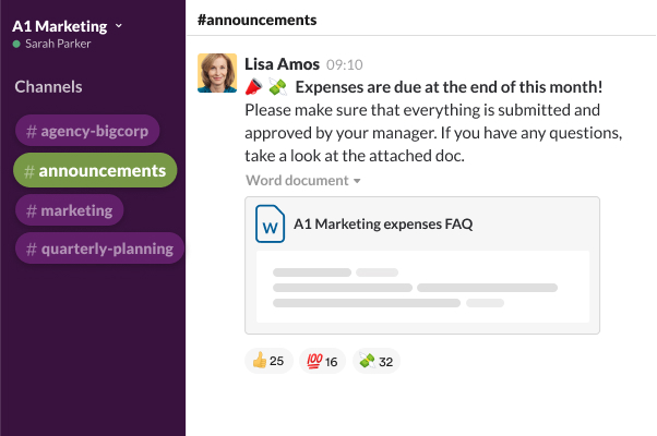 A Slack channel surrounded by people’s profile photos and messages such as ‘Working from home!’ and ‘Commuting; be there soon’