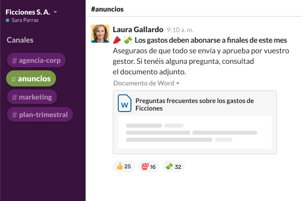 Un canal de Slack rodeado de fotos de perfil de personas y mensajes como “Trabajando desde casa” y “De camino, llegaré pronto”