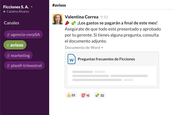 Un canal de Slack rodeado por fotos de perfil de personas y mensajes como "Trabajando desde casa" y "En camino, llegaré pronto"