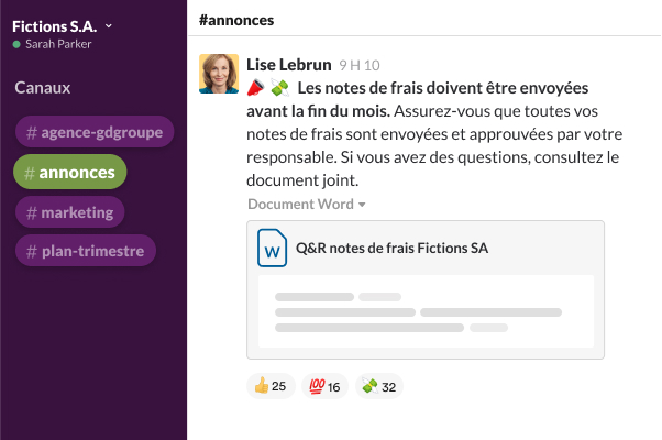 Un canal Slack accompagné des photos de profil de membres et de messages comme « Travail à domicile ! » et « Sur la route… j’arrive bientôt »