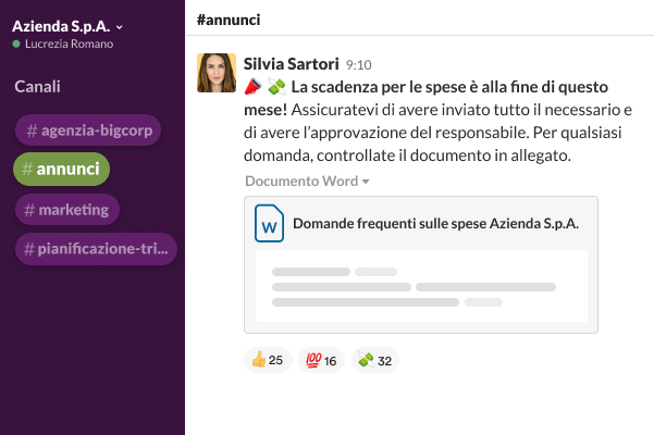 Un canale Slack circondato dalle foto profilo delle persone e da messaggi come “Lavoro da casa!” e “Sono in viaggio, sto arrivando”