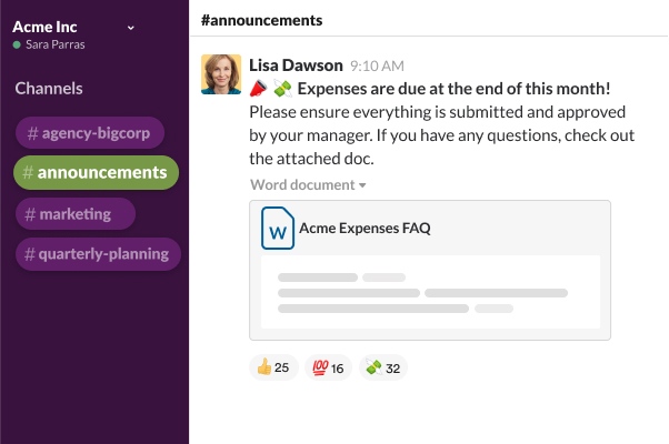 A Slack channel surrounded by people’s profile photos and messages like “Working from home! and Commuting, be there soon”