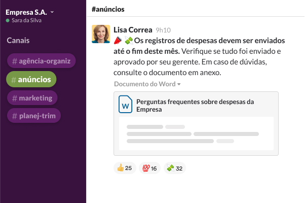Um canal do Slack cheio de fotos de perfil e mensagens como “Trabalhando em casa” e “No trânsito, chego logo”