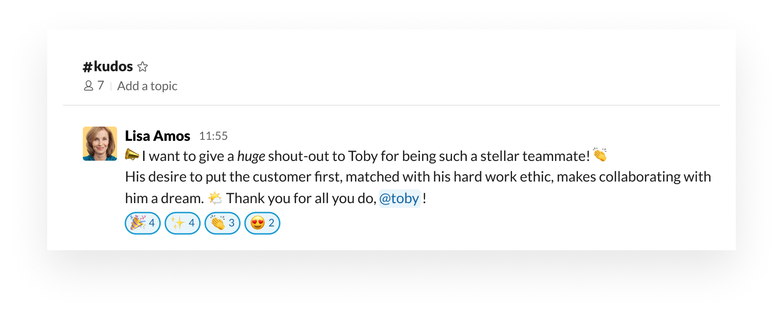 Example of how to support and celebrate your team within Slack with emoji