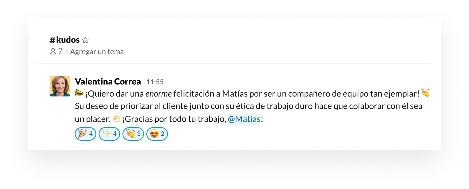 Ejemplo de cómo apoyar y celebrar a tu equipo dentro de Slack con emojis