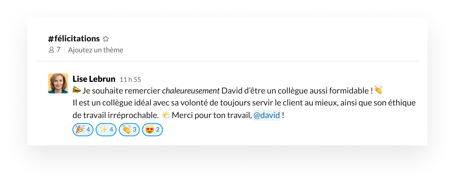 Exemples de soutien et de célébration des succès de votre équipe au moyen d’émojis