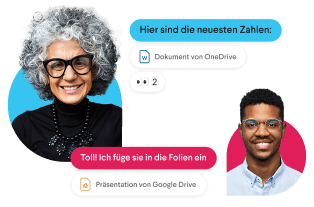 Ein Slack-Channel umgeben von Profilfotos und Channel-Namen wie „team-design“ und „abrechnung“.