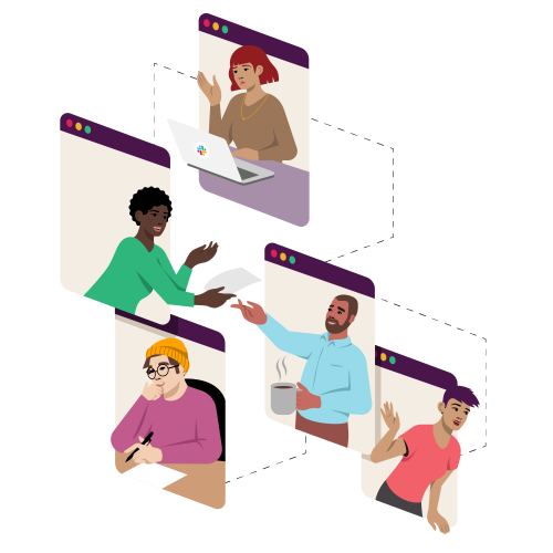 Gezeichnete Teammitglieder, verbunden durch gepunktete Linien, wie in einem Organigramm