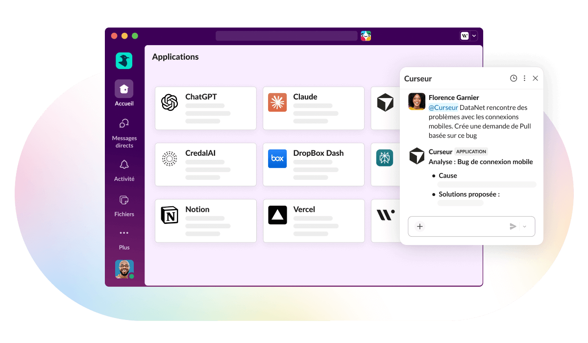 Une fenêtre Slack ouverte avec plusieurs intégrations d’applications affichées à l’écran.