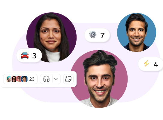 Decorative image with three headshots and a Slack huddle icon