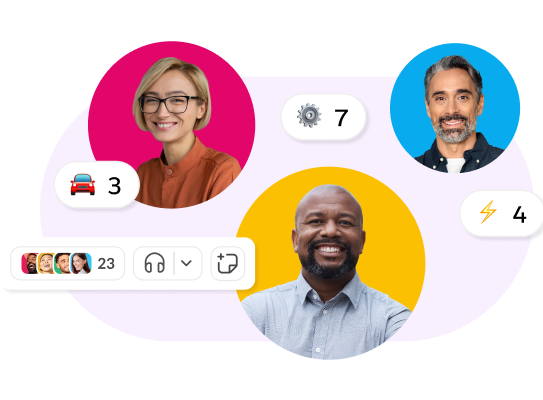 Decorative image with three headshots and a Slack huddle icon