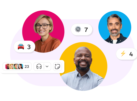 Image décorative avec trois portraits et une icône d’appel d’équipe Slack