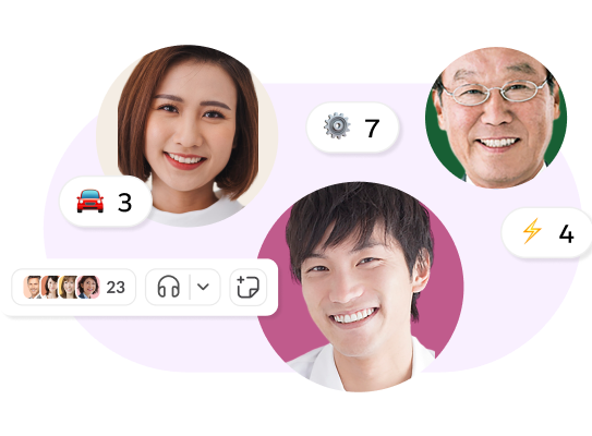 3 人のプロフィール写真と Slack ハドルミーティングアイコンの装飾画像