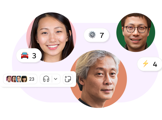 3장의 얼굴 사진과 Slack 허들 아이콘이 포함된 장식 이미지