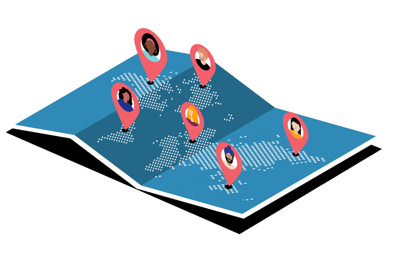 A map of the world dotted with people on location markers
