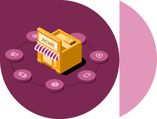 Imagem de uma vitrine cercada por ícones do Slack.