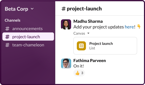 Slack application showing a selected channel with chats