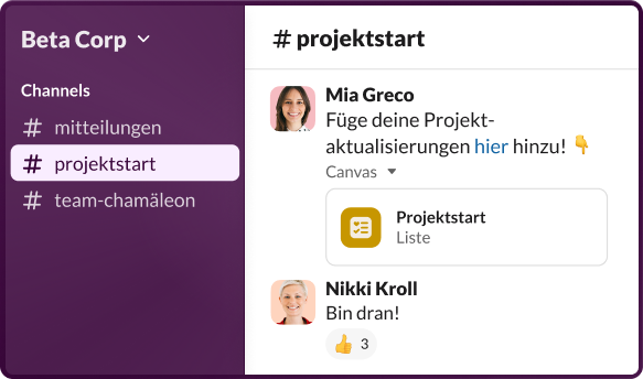 Slack-Anwendung mit einem ausgewählten Channel und Chats