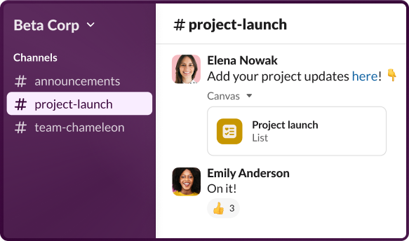 Slack application showing a selected channel with chats